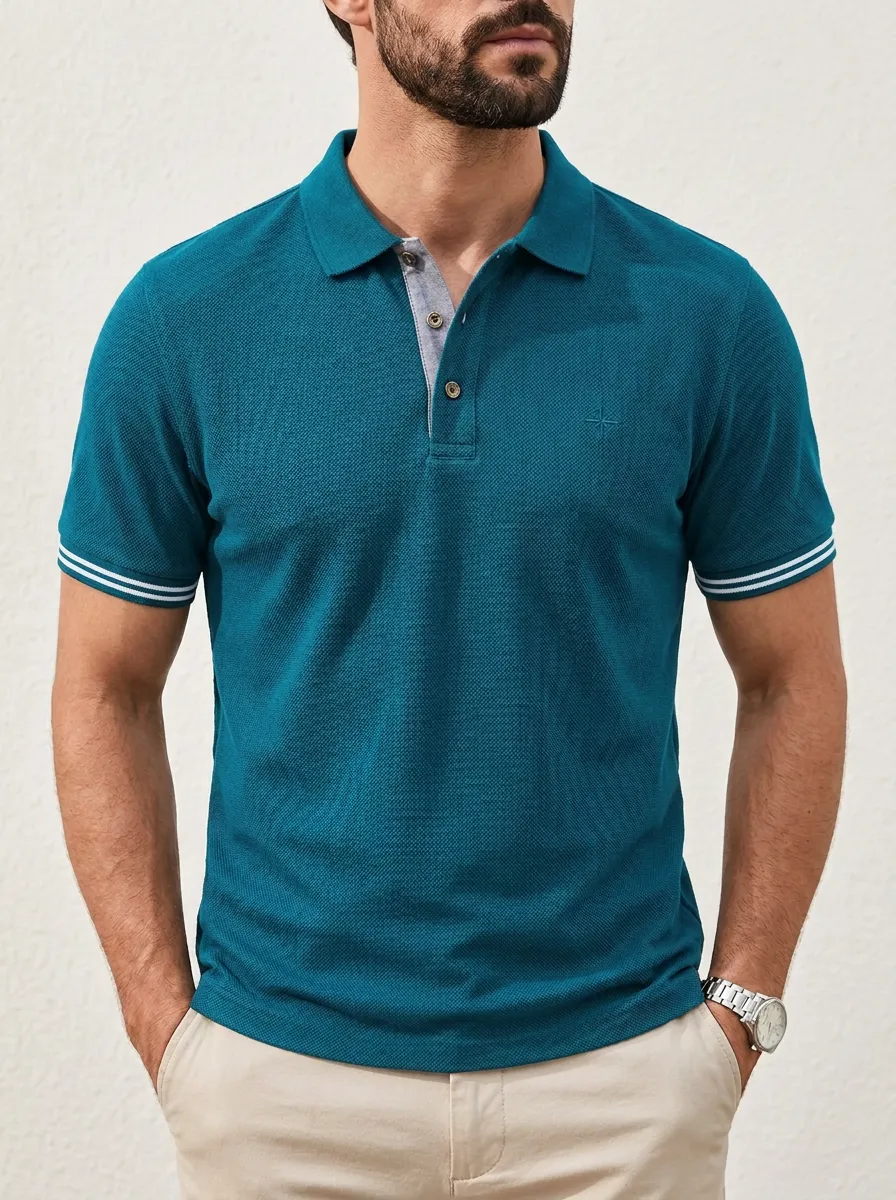 Men's Navy Blue Contrast Trim Embroidered Accent Polo Shirt