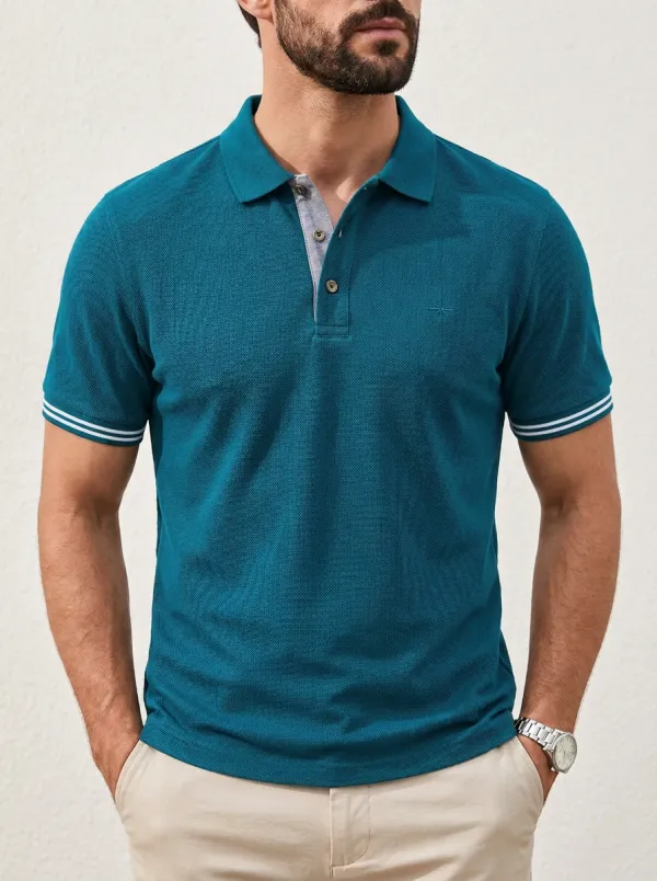 Men's Navy Blue Contrast Trim Embroidered Accent Polo Shirt