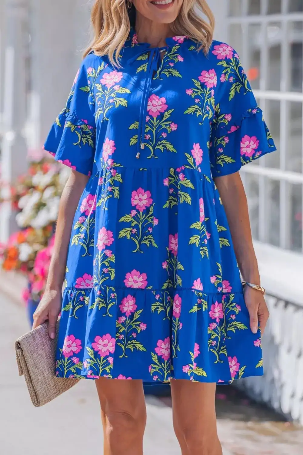 Floral V Neck Short Sleeve Dress Casual