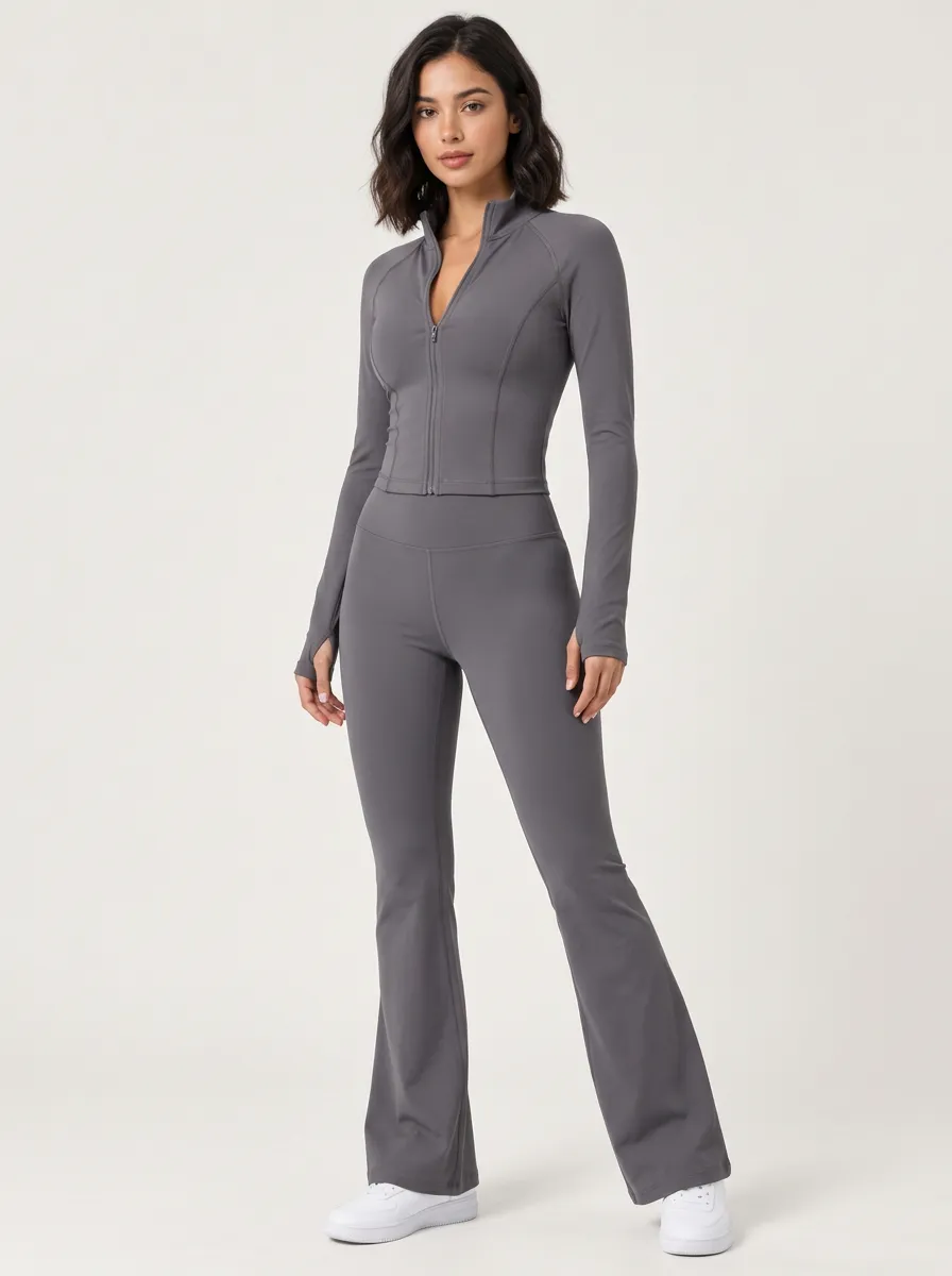 Women's Charcoal Thumbhole Contour Jacket and Flare Pants Set
