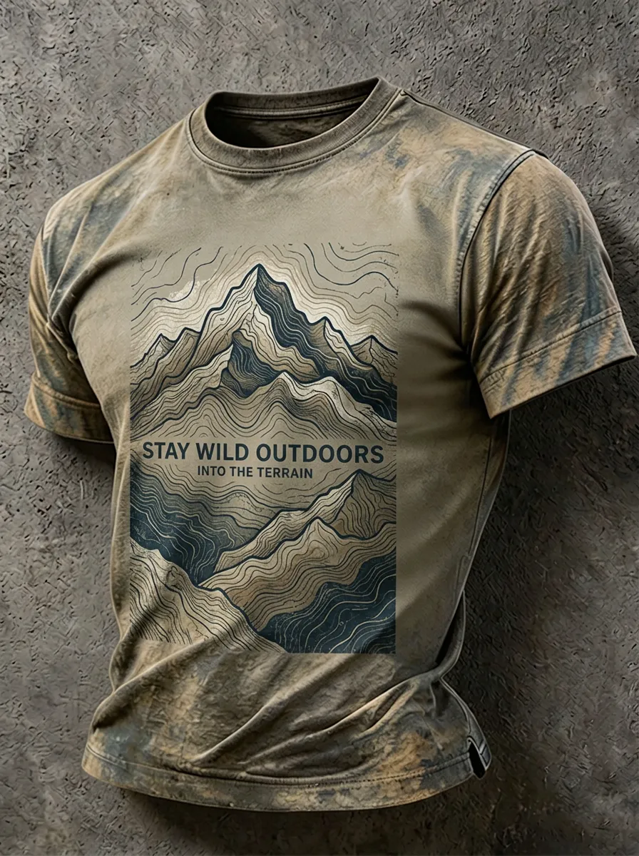 Men's Outdoor Adventure Mountain Topographic Printed T-shirt