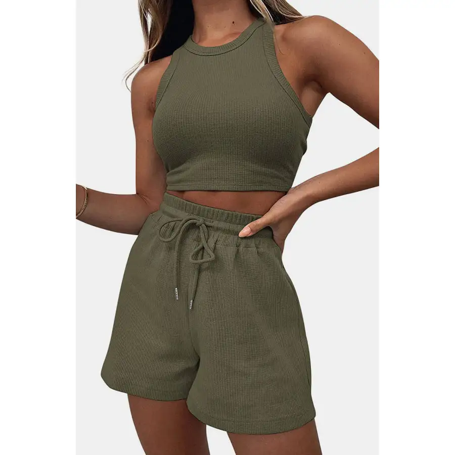 Relaxed Round Neck Top and Drawstring Shorts Set