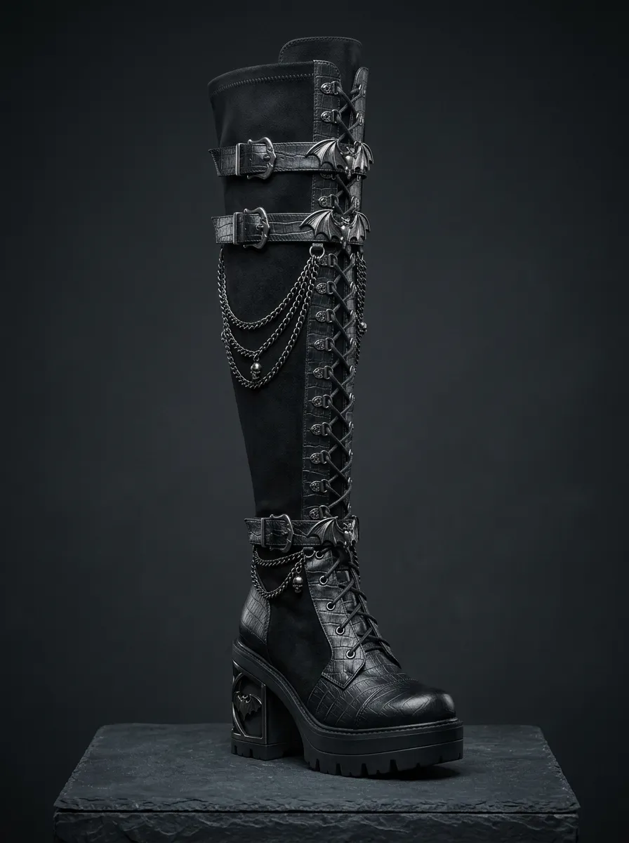 Modern Gothic Skull Bat Chain Victorian Look Women's Gothic Platform Knee High Boots