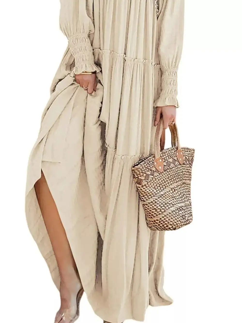 V Neck Tiered Long Sleeve Maxi Dress