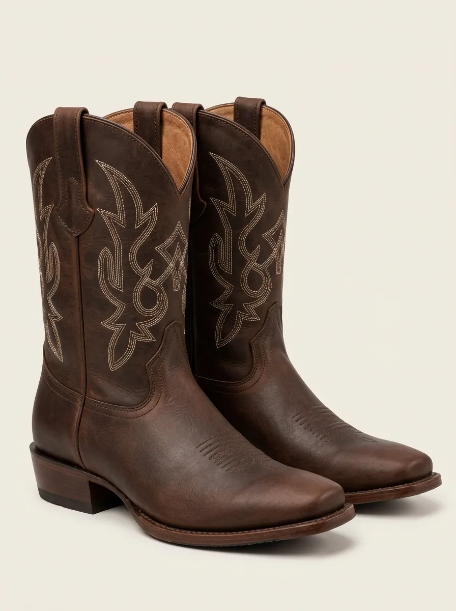Men's Brown Western Boots with Embroidered Stitch Motifs