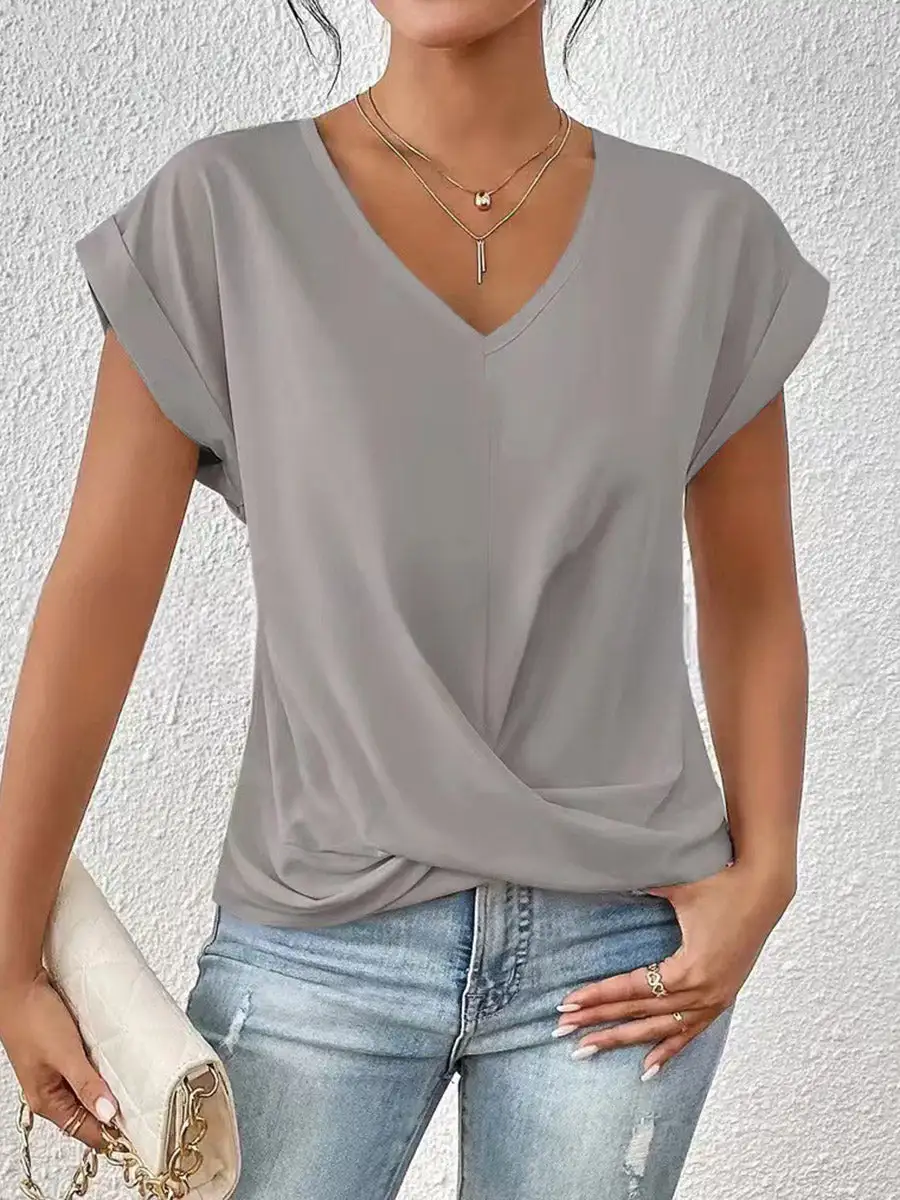 Relaxed Short Sleeve Pleat Detail V-Neck T-Shirt