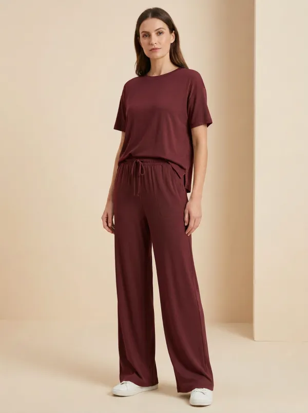 Women's Side-Slit Crewneck Top And Drawstring Patch-Pocket Wide-Leg Trouser Lounge Set