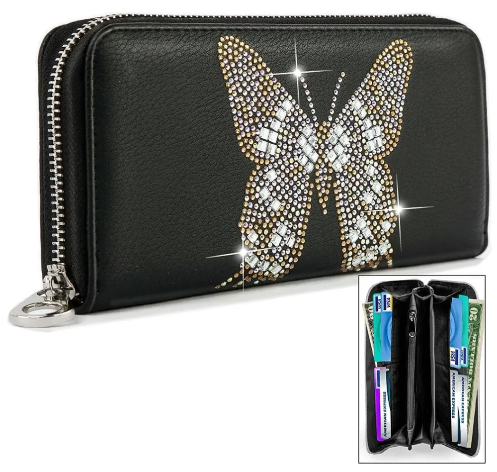 Crystal Accent Butterfly Motif Faux Leather Accordion Wallet