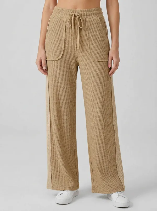 Women's Casual Lounge Waffle Knit Drawstring Wide Leg Pants