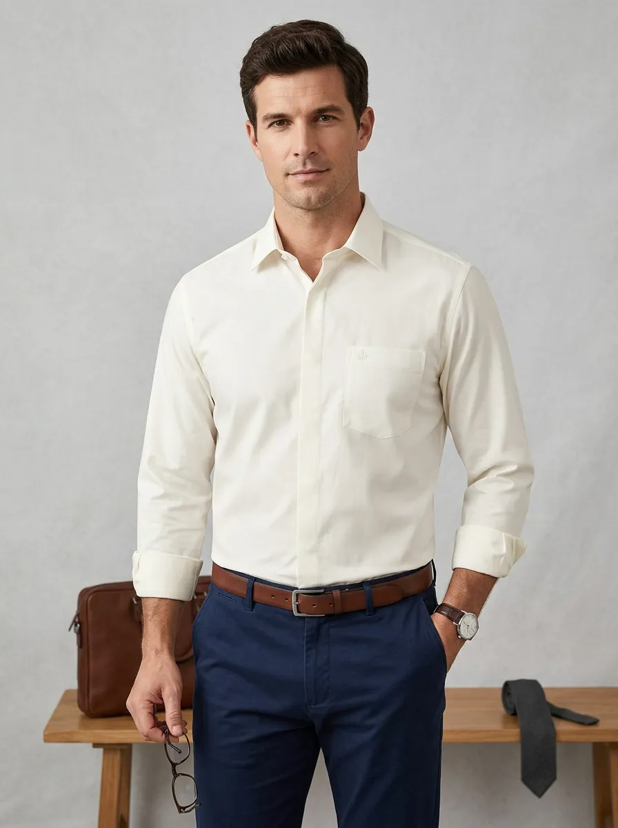 Men's Non-Iron Cotton Solid Color Pocket Long Sleeve Shirt