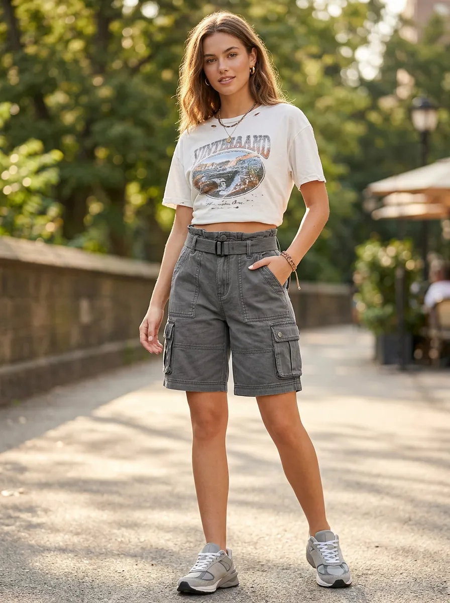 Women's Casual Streetwear Grey Belted Cargo Shorts