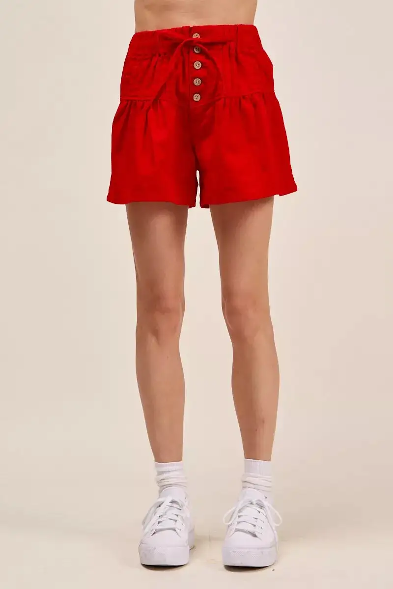 High-Waist Drawstring Ruffled Button-Front Denim Shorts