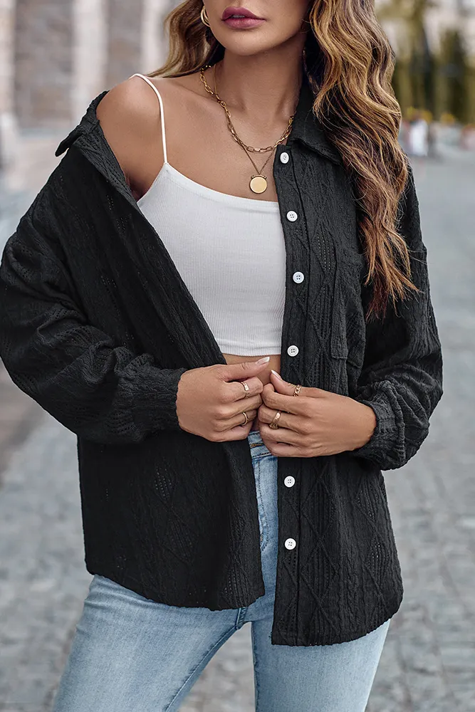 Eyelet Cable Button Shirt Blouse