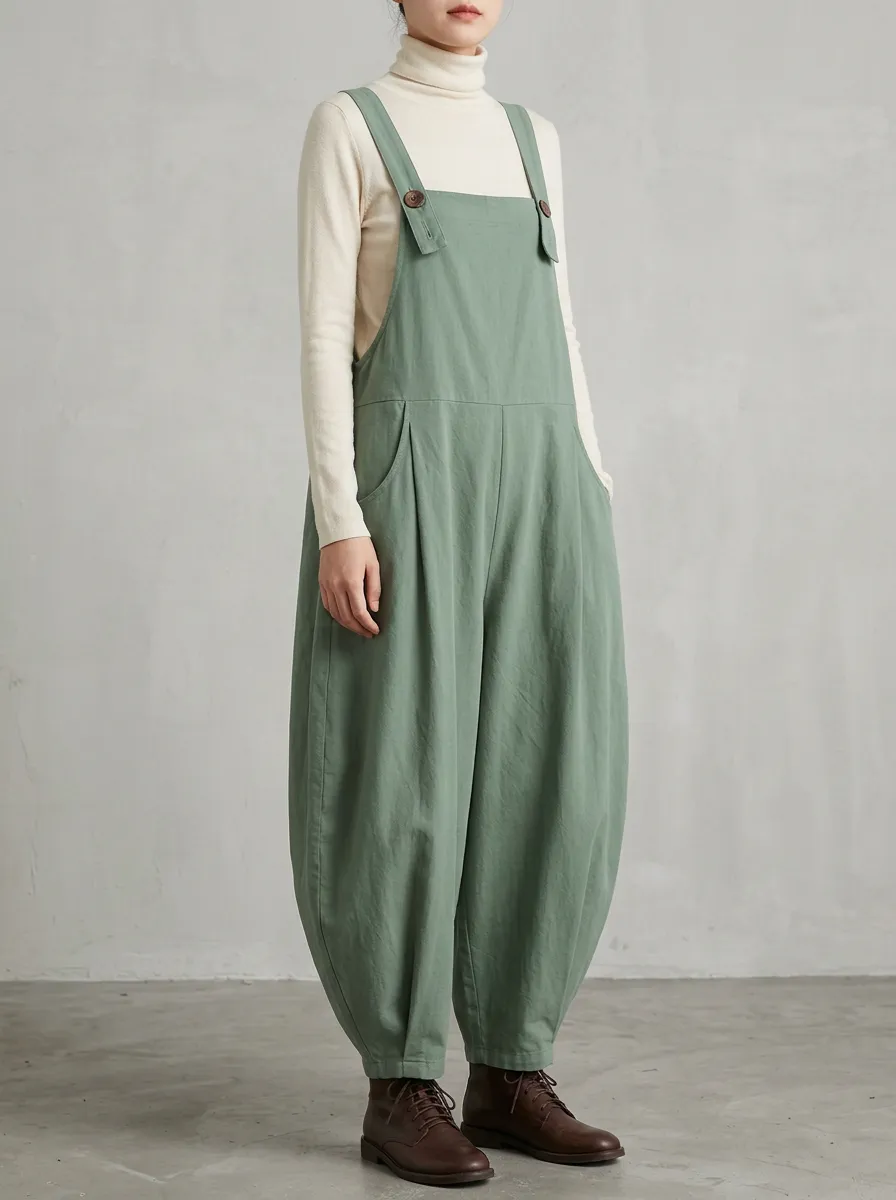 Women's Button-Strap Pleated-Waist Tapered Overall Jumpsuit