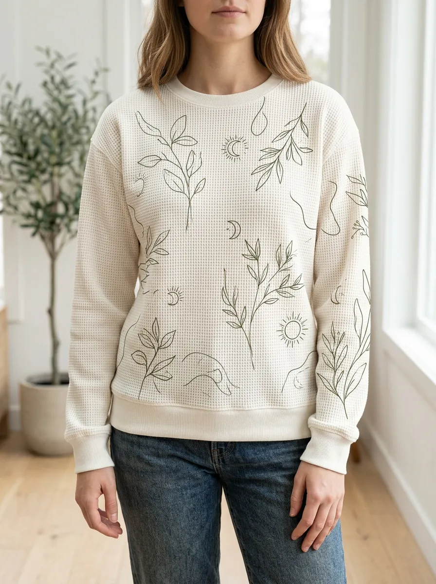 Women's Celestial Botanical Line Art Printed Waffle Knit Sweatshirt