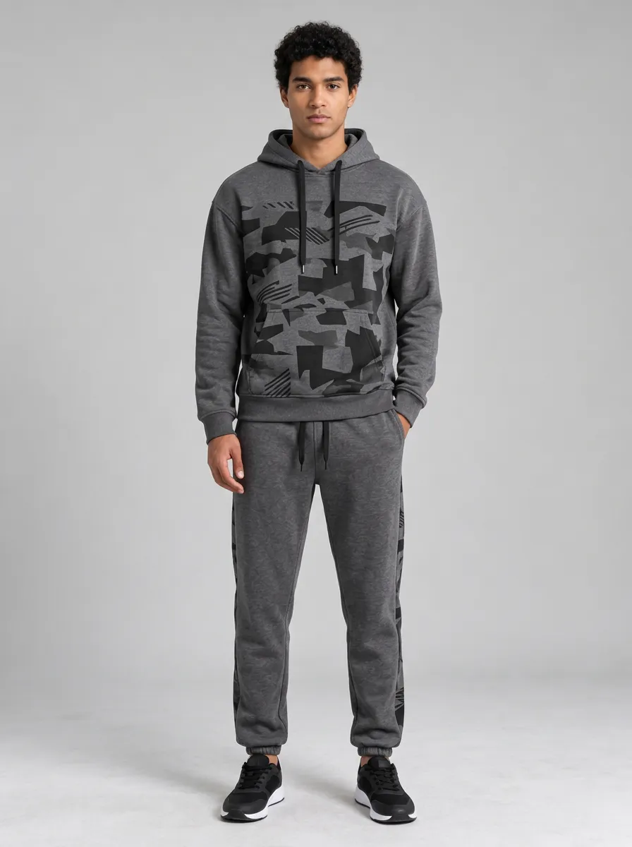 Men's Sporty Geometric Camo Printed Hoodie and Jogger Set