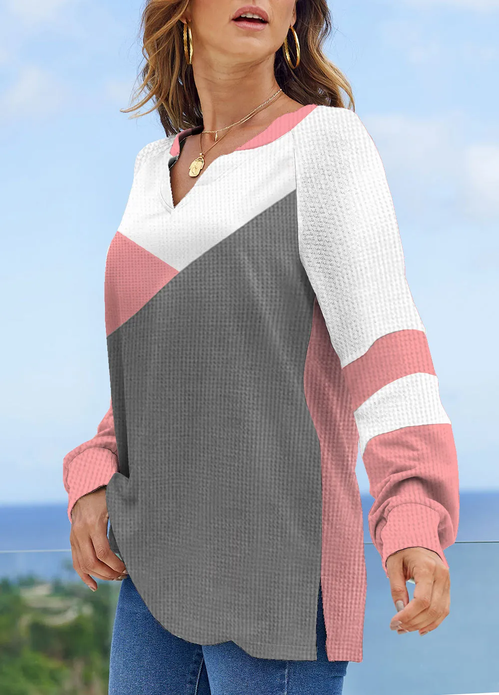 Long Sleeve Split Neck Contrast Sweatshirt