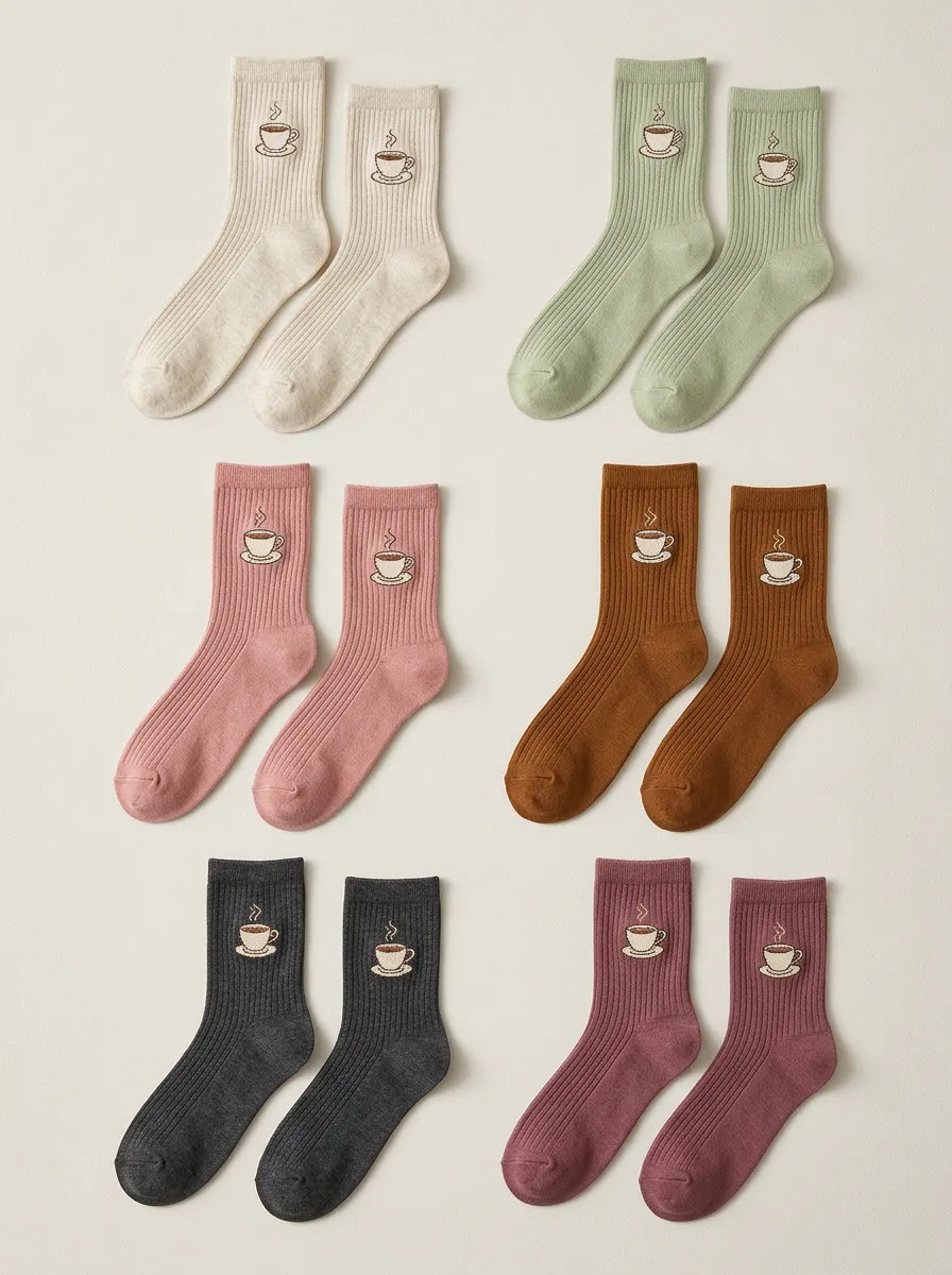 Women's Coffee Embroidered Ribbed Crew Socks Three Pair Set