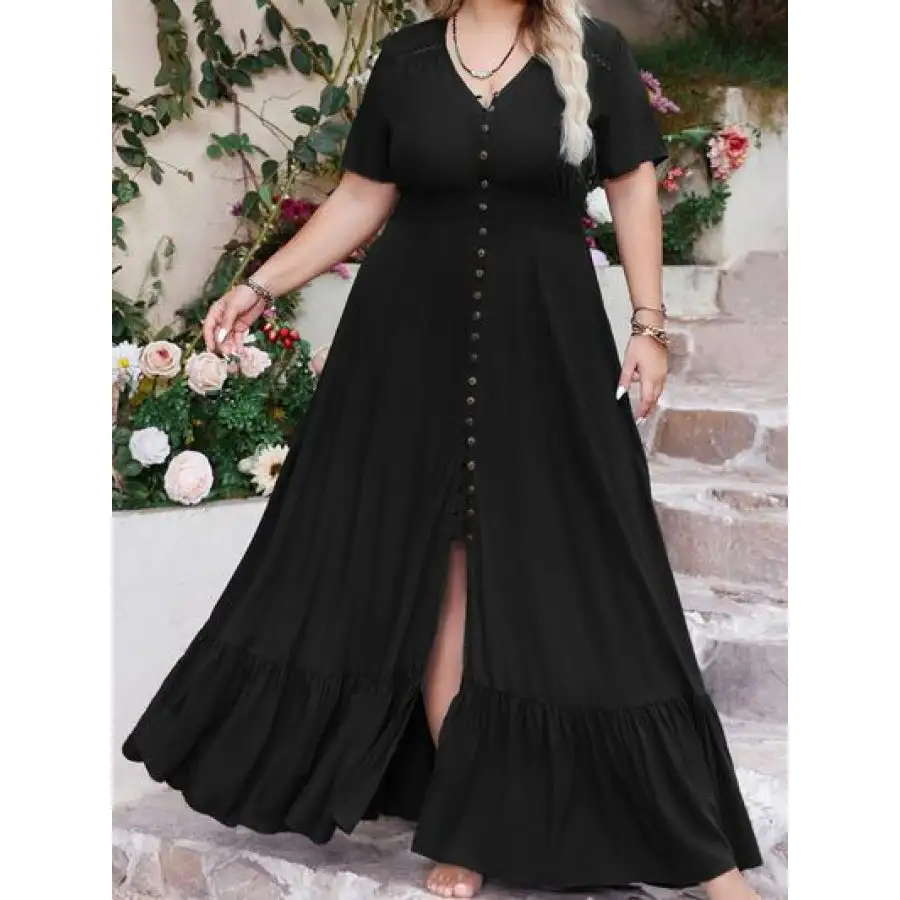 Plus Size Ruffled Hem Button Down V Neck Short Sleeve Maxi Dress