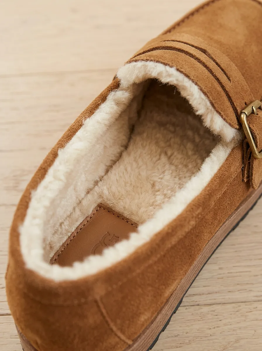 Women's Utility Faux Fur Lined Buckle Detail Winter Suede Wood Sole Loafers