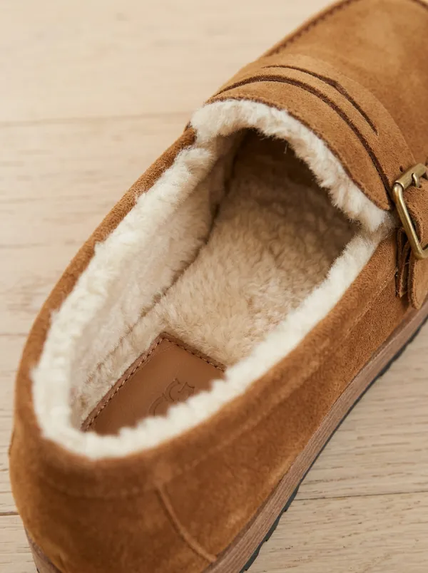 Women's Utility Faux Fur Lined Buckle Detail Winter Suede Wood Sole Loafers