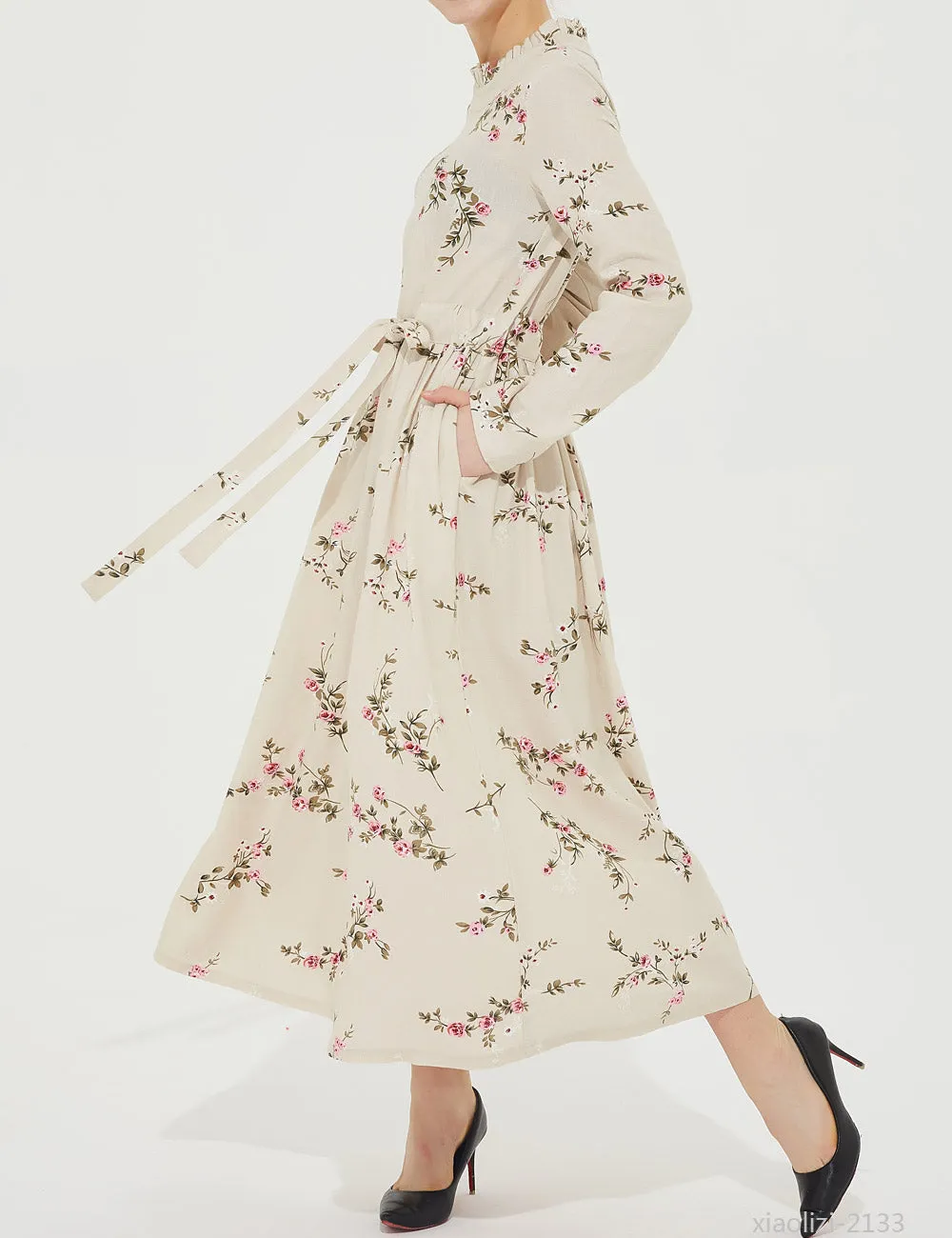Floral Linen Long Sleeve Maxi Dress