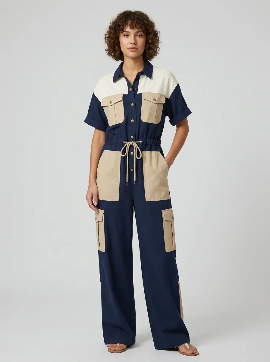 Women's Casual Utility Colorblock Cargo Jumpsuit