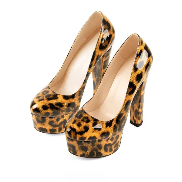 Leopard Pattern Round Toe Platform Chunky Heel Pumps
