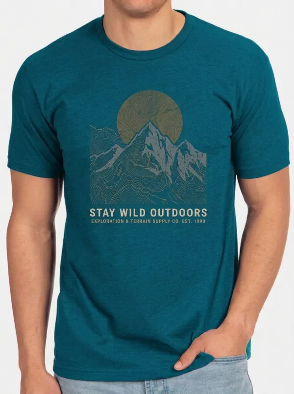Men's Crewneck Range Trek Outdoor Adventure Mountain Topographic Graphic T-Shirt