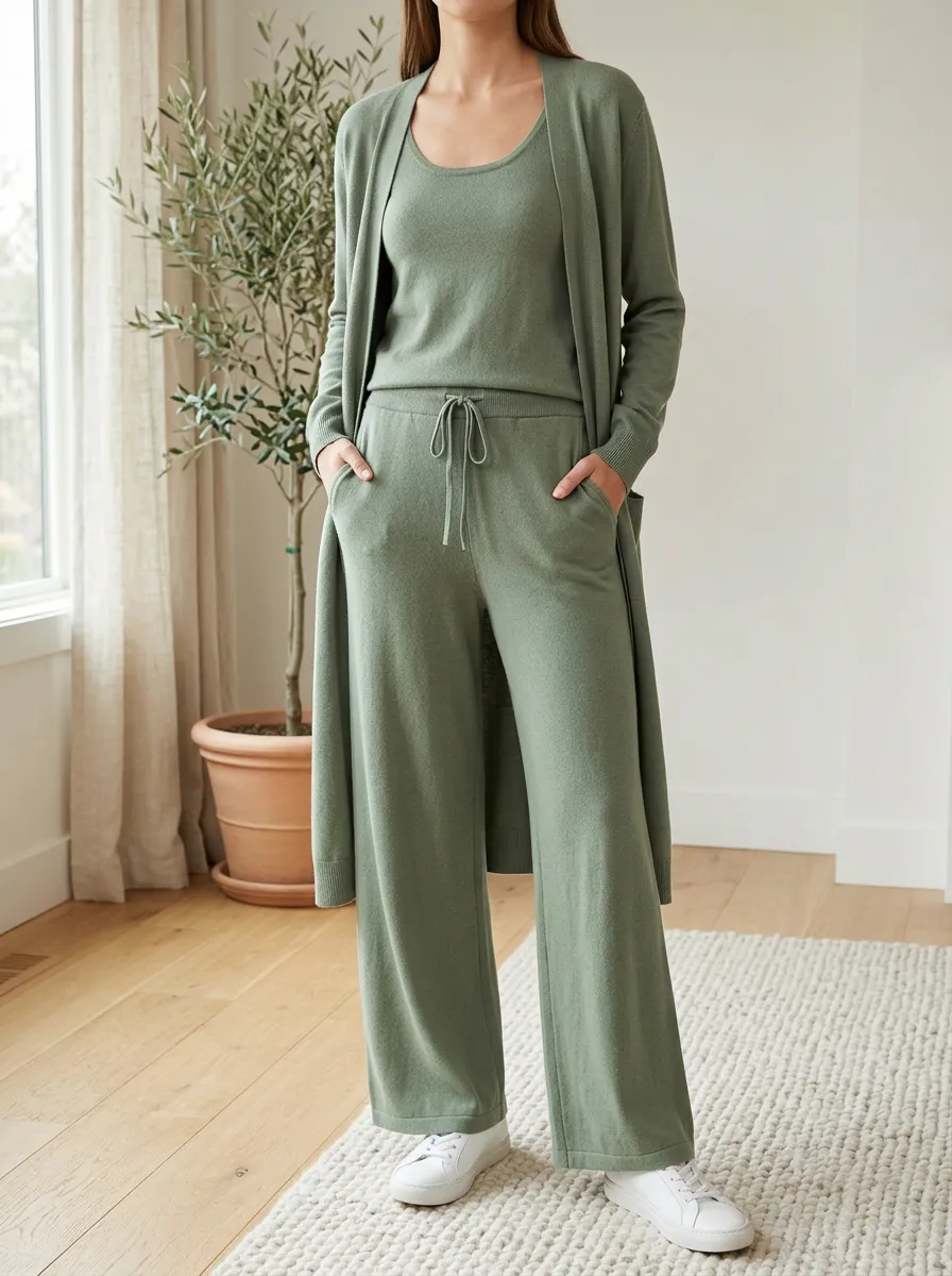 Women's Relaxed Knit Cardigan And Pants With Tank Top Three Piece Outfit