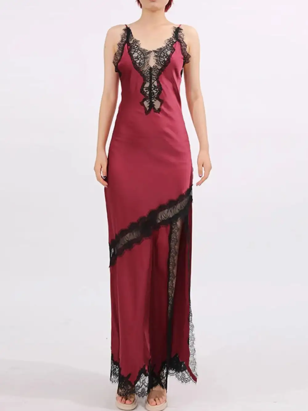 Layered Detail Lace Slit Maxi Dress