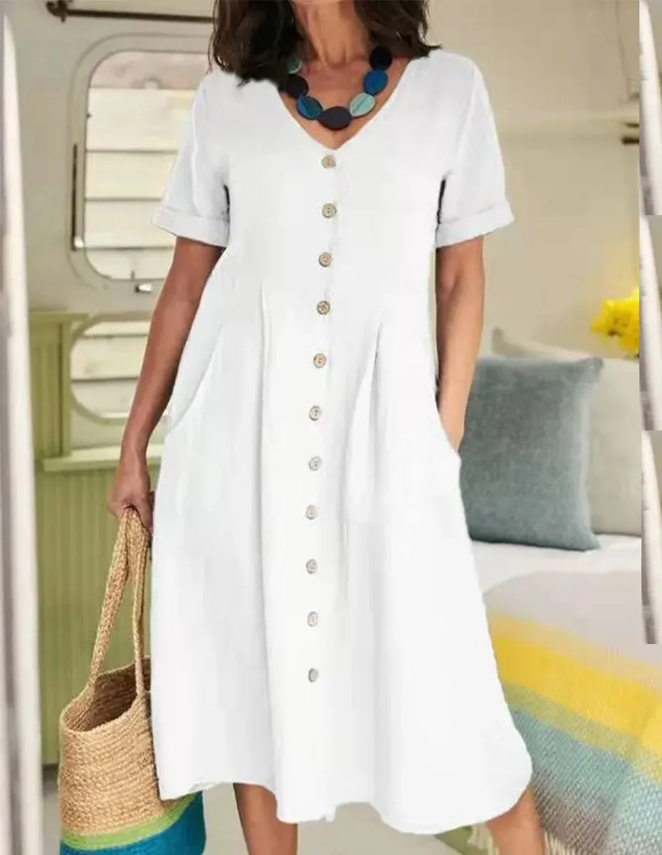 V-Neck Short Sleeve Linen Blend Midi Dress