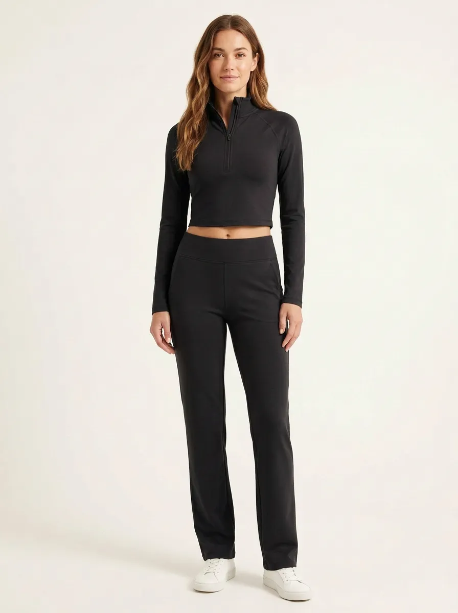 Women's Mock-Neck Raglan Half-Zip Crop Top and Straight-Leg Pant Set