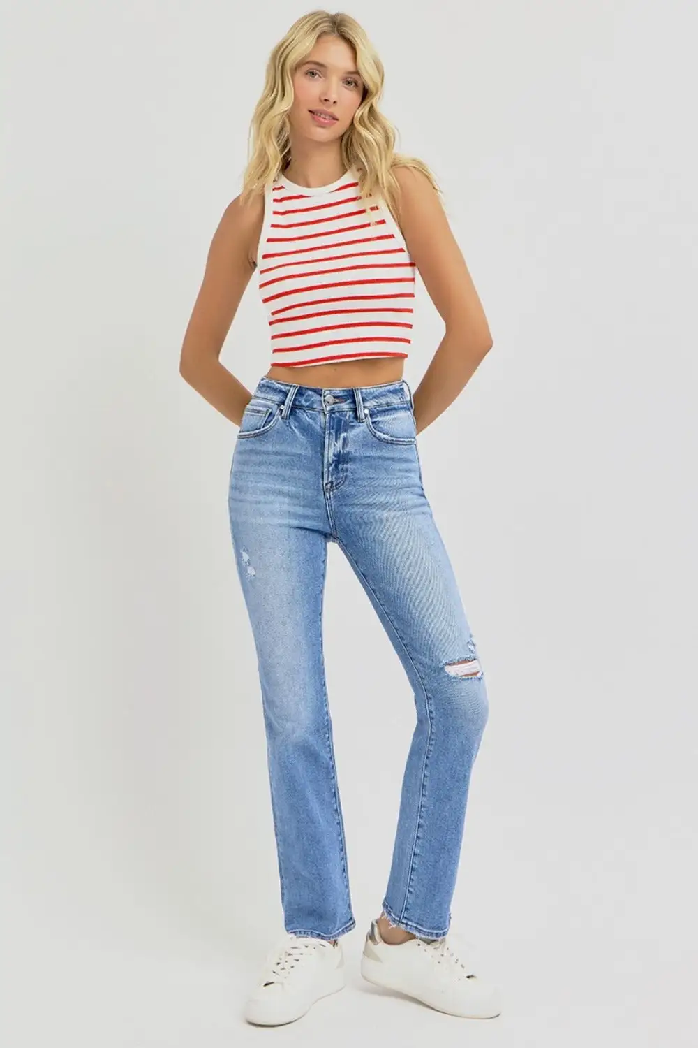 Distressed High Rise Ankle Straight Denim Jeans