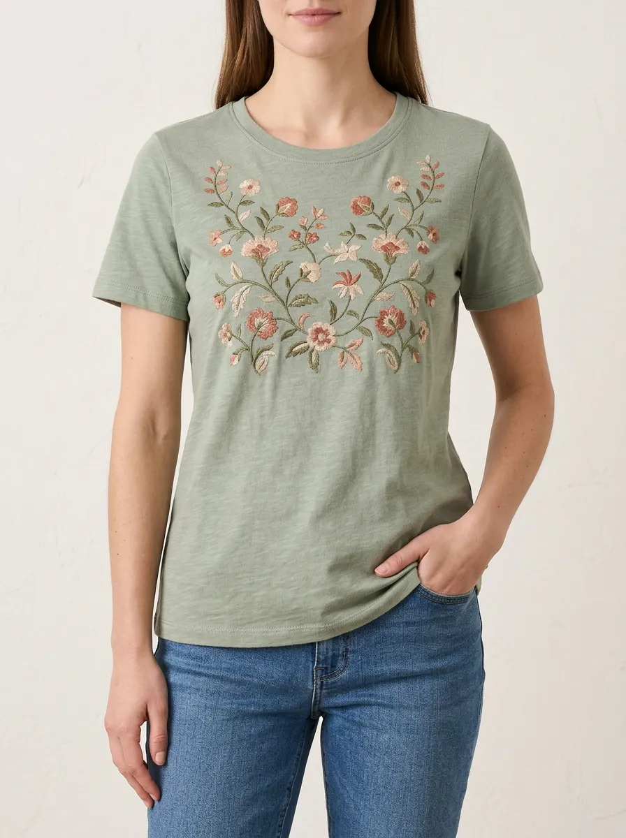 Comfort Focused Floral Print Embroidered Detail Women's Everyday Short Sleeve T Shirt