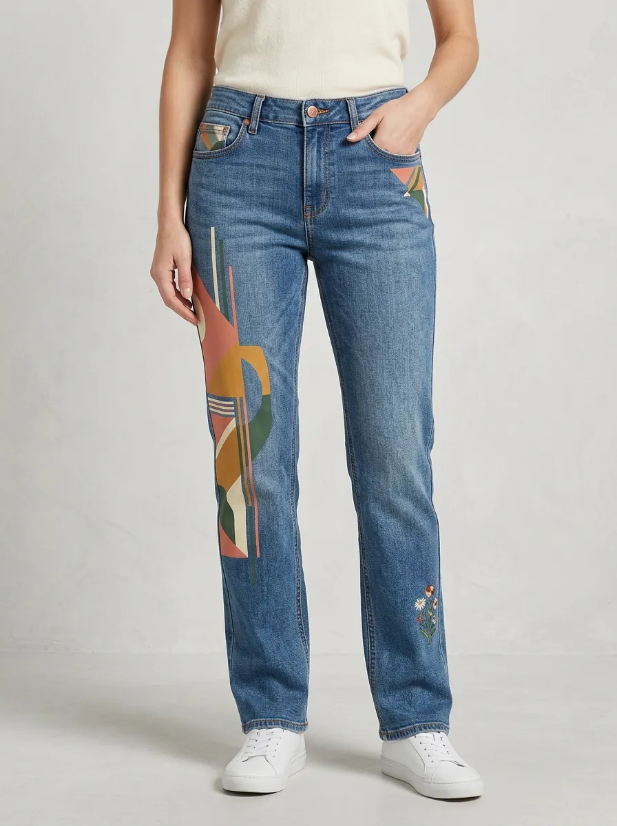 Women's Abstract Geometric Floral Printed Straight Leg Jeans