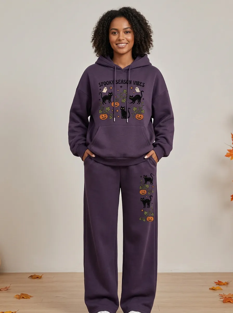 Women's Halloween Spooky Season Black Cat Pumpkin Printed Hoodie Pants Set