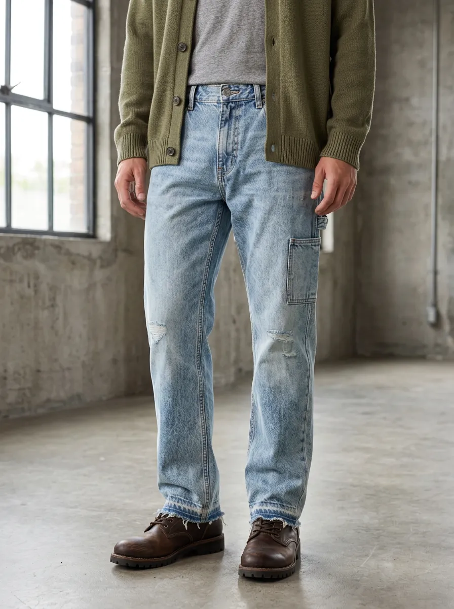 Men's Vintage Distressed Light Wash Utility Denim Jeans
