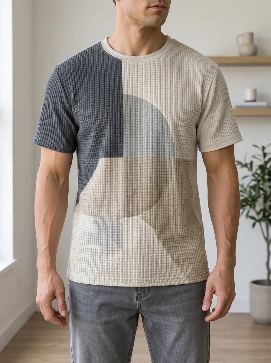 Men's Geometric Abstract Waffle Knit Modern Crew Neck T-Shirt
