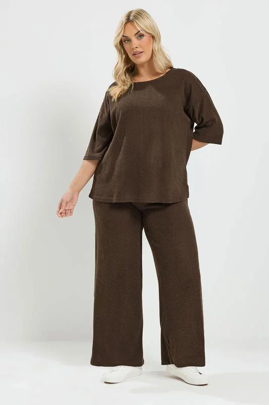 Chocolate Brown Ribbed Wide Leg Trouser Set detail 1