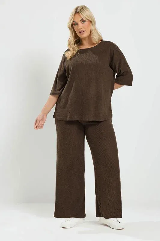 Chocolate Brown Ribbed Wide Leg Trouser Set