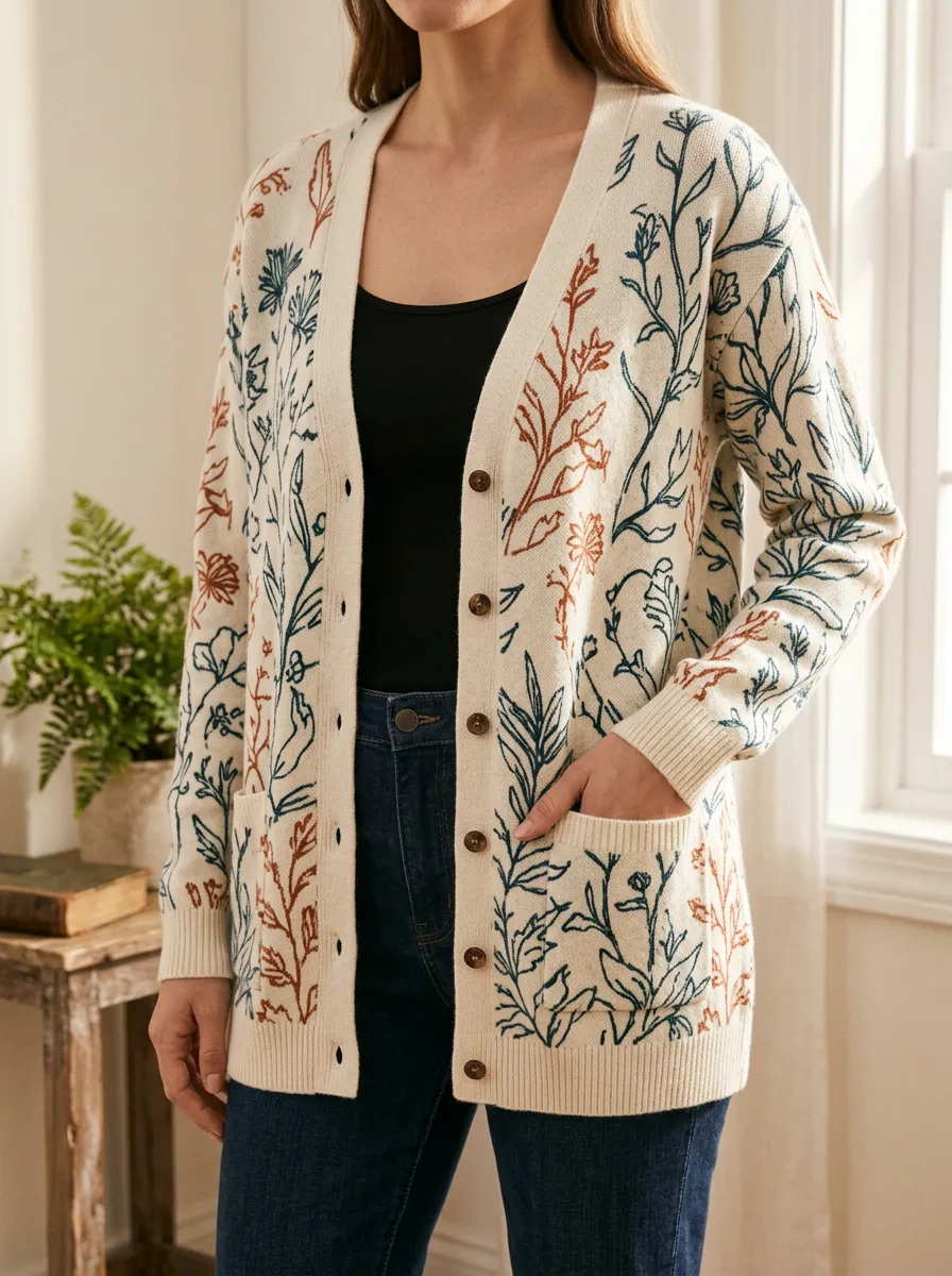 Women's Botanical Nature Lover Wildflower Printed Button Front Relaxed Layering Cardigan