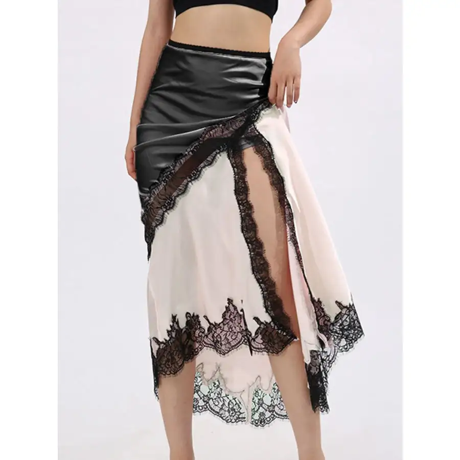 Lace Trim Asymmetrical Midi Skirt