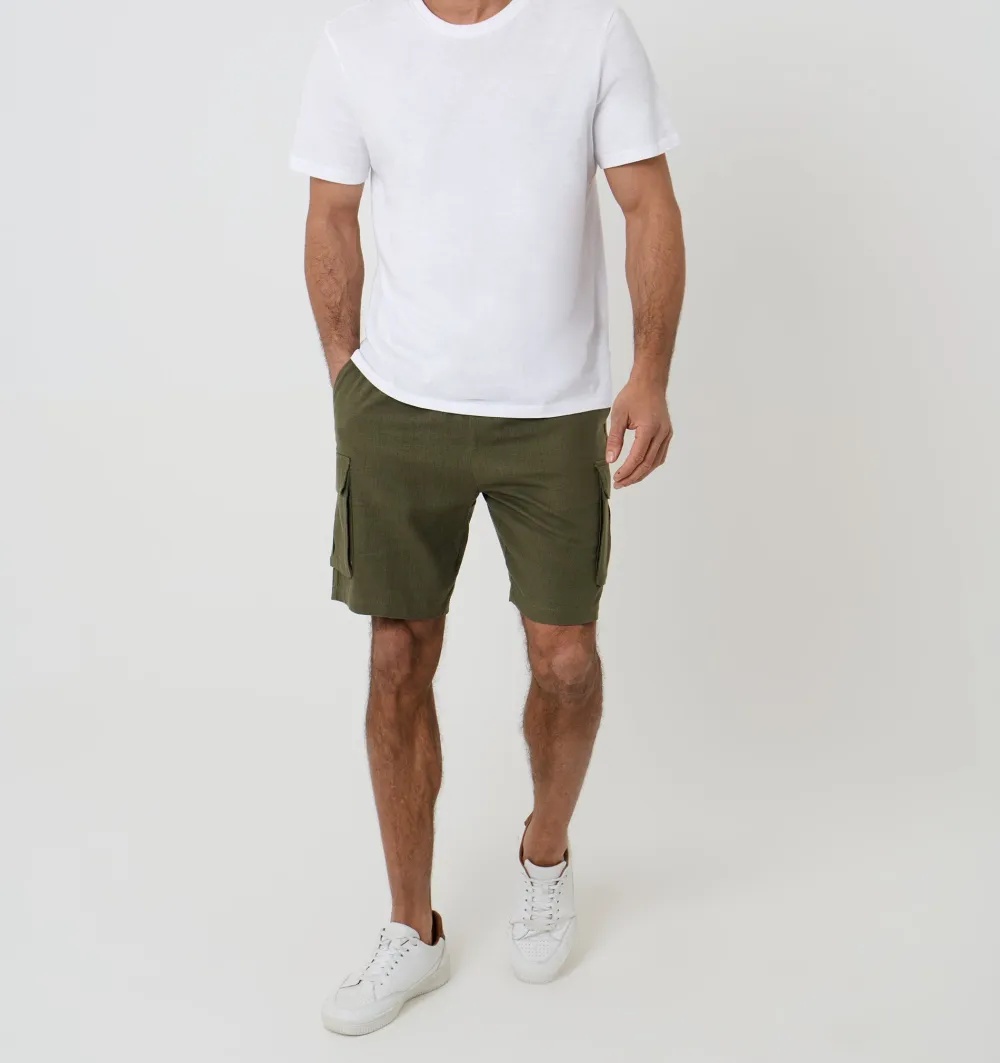 Khaki Green Linen-Blend Cargo Shorts