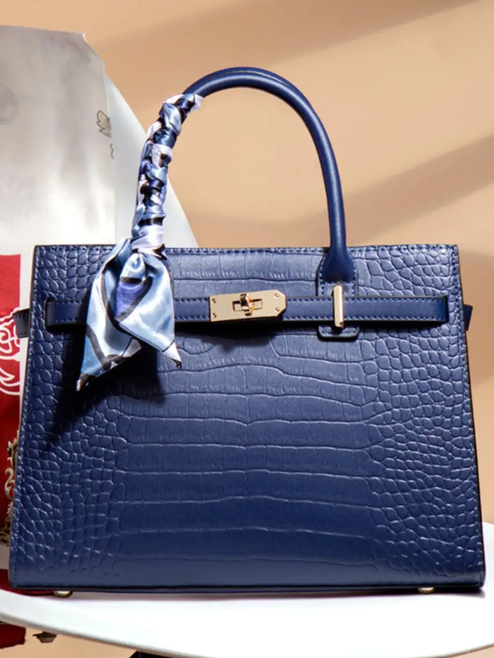 Crocodile Embossed Leather Top Handle Handbag