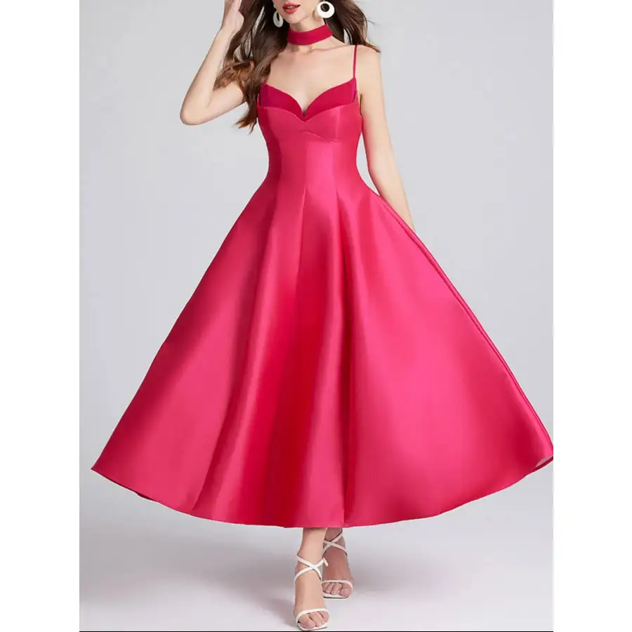 Sweetheart Spaghetti Strap Midi Dress with Collar