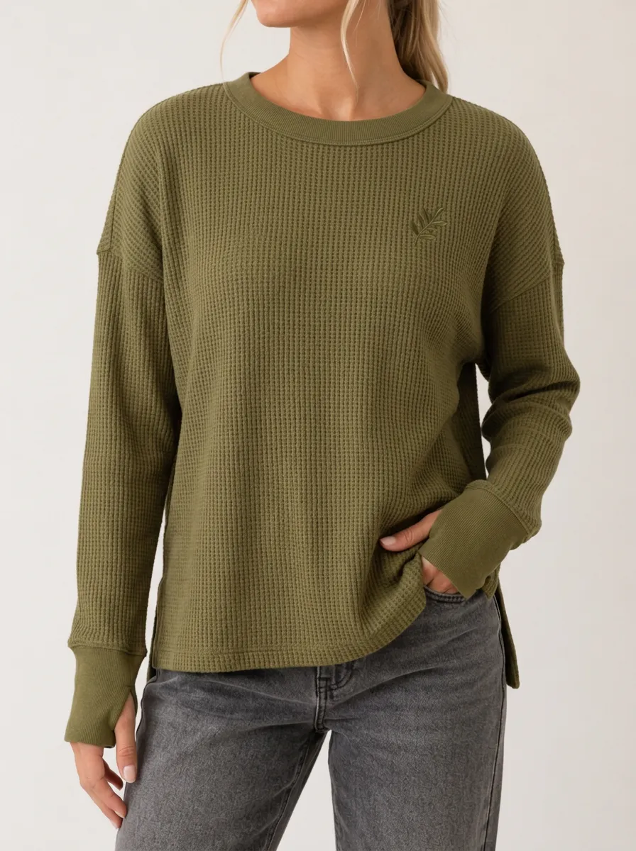Clean Contemporary Leaf Embroidered Waffle Knit Top