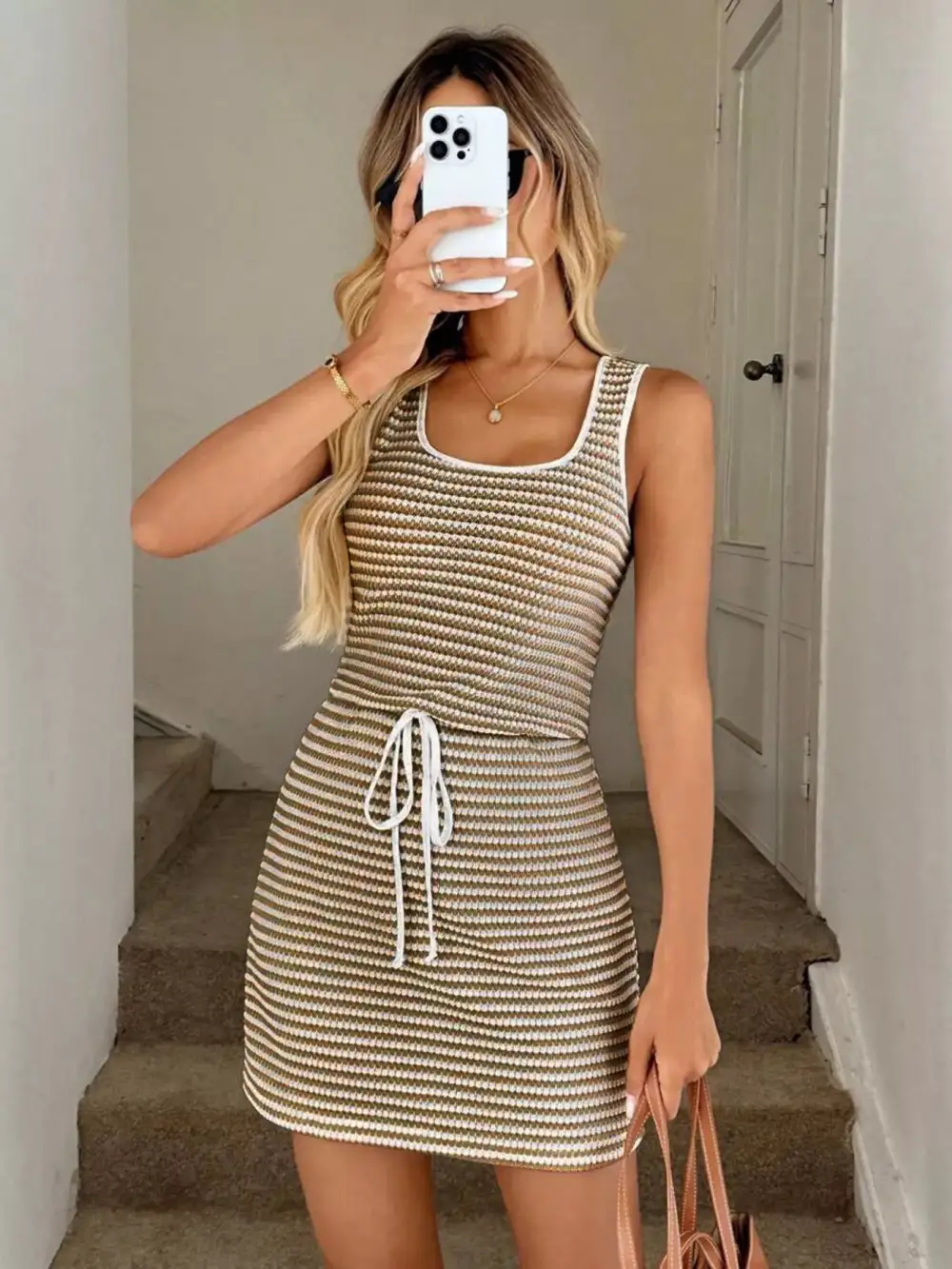 Striped Knit Drawstring Mini Dress