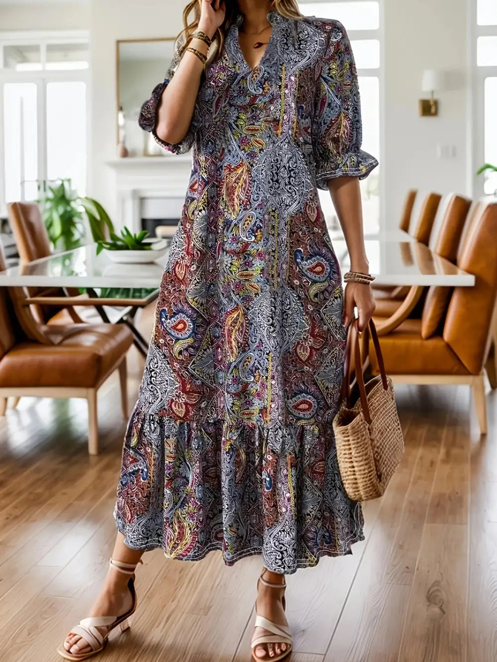 Plus Size Bohemian Paisley Printed Ruffle Hem Midi Dress