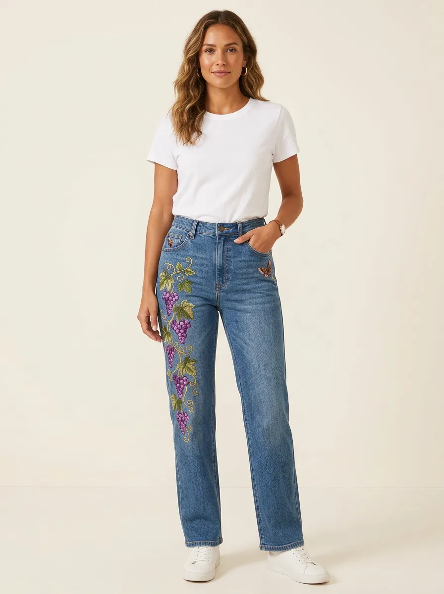 Women's Grape Vine Butterfly Embroidered Printed Straight Leg Jeans
